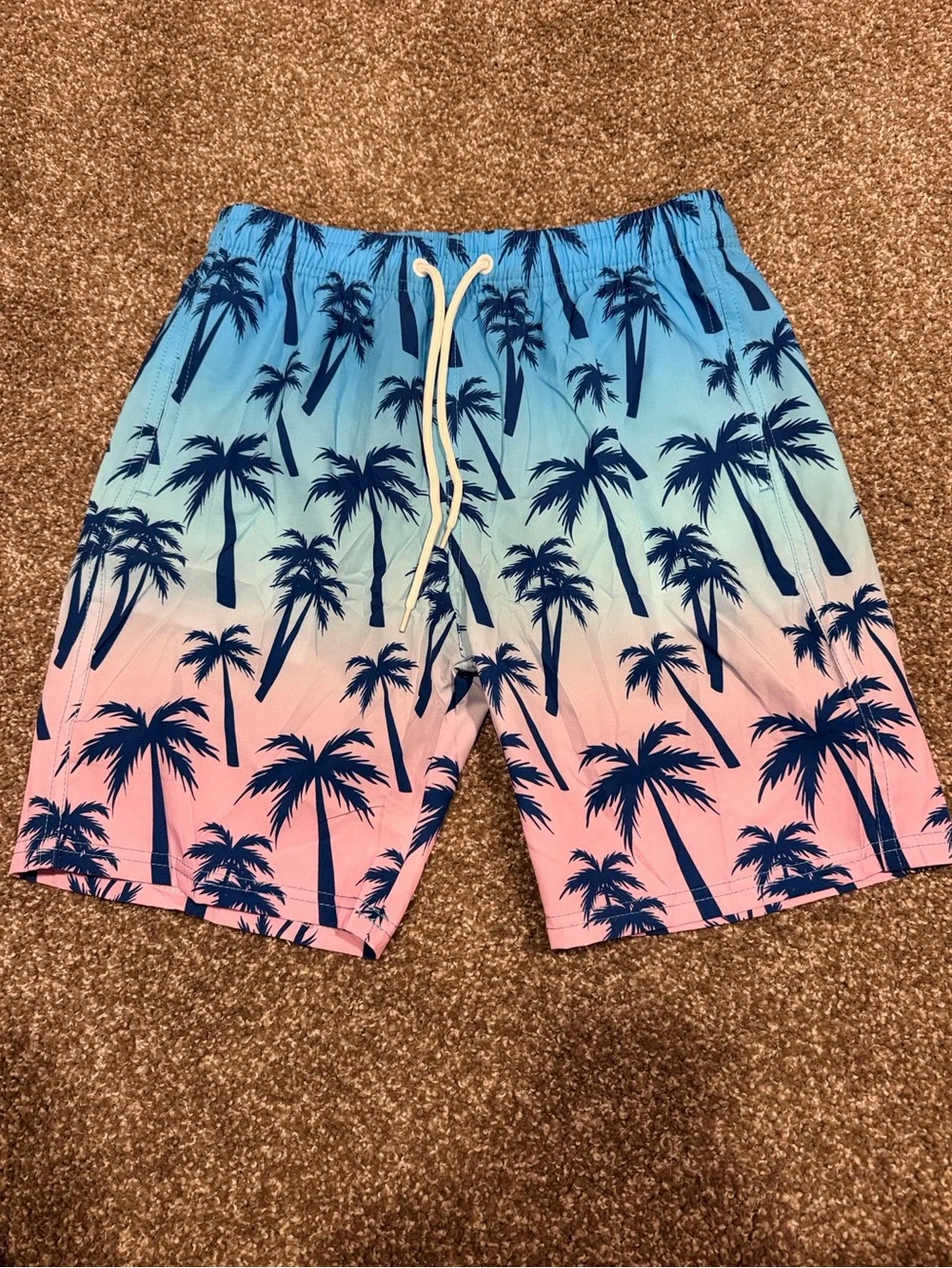 Boys Swim Shorts Tropical Gradient Palm in Blue and Pink with Compression Shorts